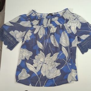 Unique Spectrum Blue Floral Peasant Top Flowy Crochet - Women's Size XL Tropical